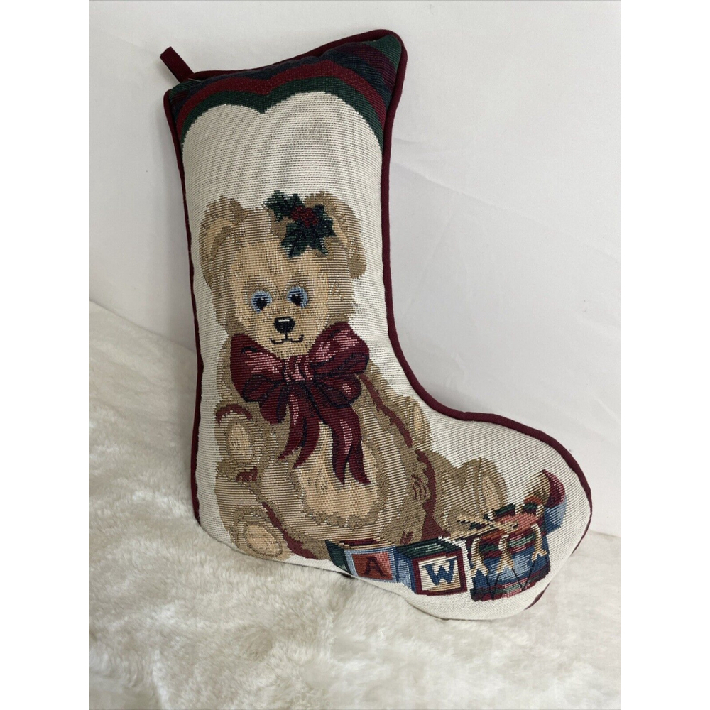 Vintage Christmas Bear Tapestry Stocking Throw Pillow Country Cottage Grannycore